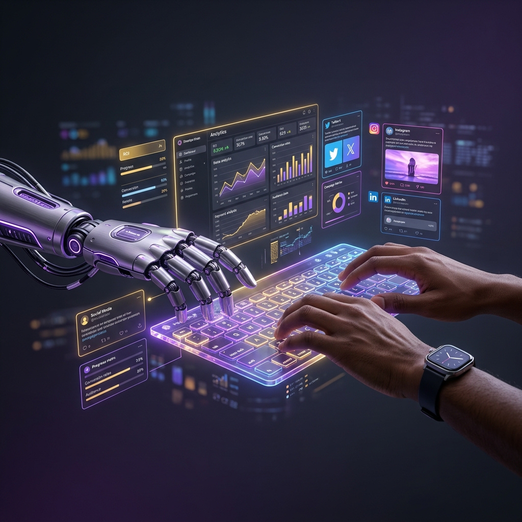 Human and AI robot hands working together on holographic marketing dashboards in 2026