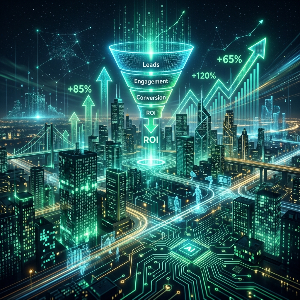 Futuristic data city skyline with AI marketing funnels and analytics streams glowing in teal and green