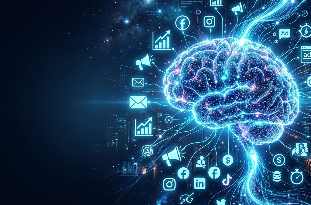 AI neural network brain merging with digital marketing icons representing automation in 2026
